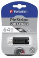 64 GB-os USB flash meghajtó "PinStripe", USB 3.0, VERBATIM, fekete