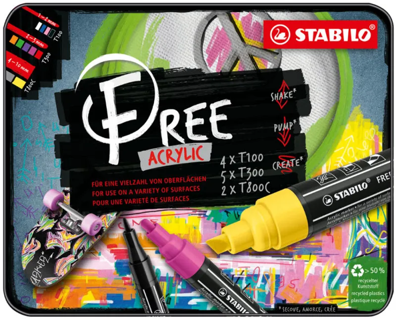 Termék főképe Akrylový popisovač STABILO FREE Acrylic Startovací 11 ks sada - mix barev se 3 hroty