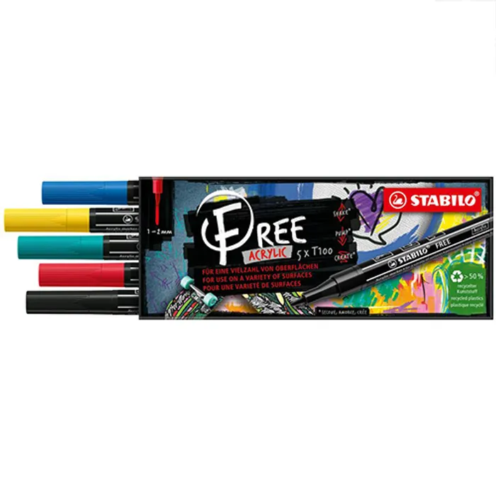 Termék főképe Akrylový popisovač STABILO FREE Acrylic T100 Klínový hrot 1-3 mm - Royal set - sada 5 ks