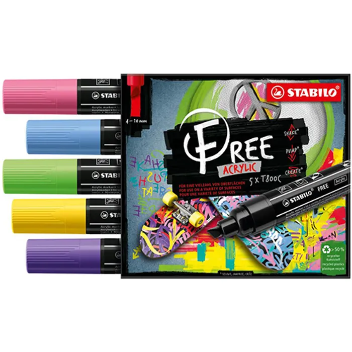 Termék főképe Akrylový popisovač STABILO FREE Acrylic T800C Klínový hrot 4-10 mm - Seaside, sada 5 ks