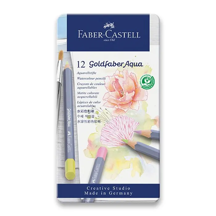 Termék főképe Akvarelové pastelky Faber-Castell Goldfaber Aqua Pastel plechová krabička, 12 barev