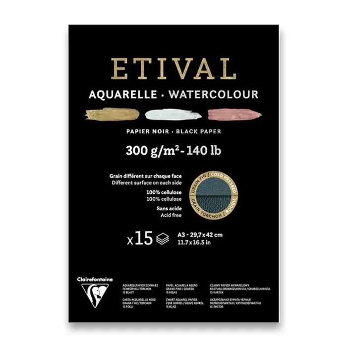 Termék főképe Akvarelový blok Clairefontaine Etival Black Cold Pressed/Rough A3, 15 listů, 300 g