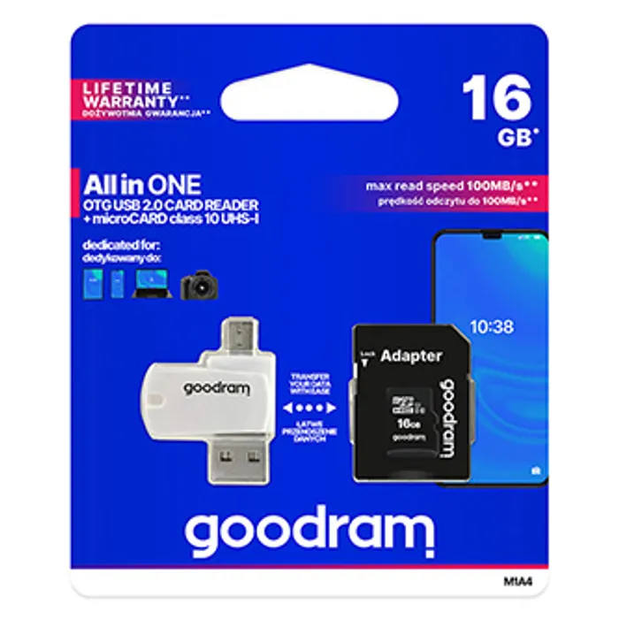 Termék főképe Goodram All-In-ONe, 16GB, multipack, M1A4-0160R12, UHS-I U1 (Class 10), se čtečkou a adap