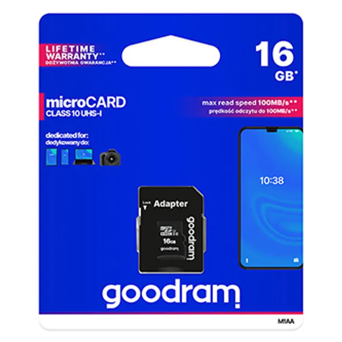 Termék főképe Goodram Micro Secure Digital Card, 16GB, micro SDHC, M1AA-0160R12, UHS-I U1 (Class 10), s