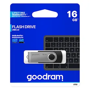 Goodram USB flash meghajtó, USB 2.0, 16 GB, UTS2, fekete, UTS2-0160K0R11, USB A, forgatható fedéllel