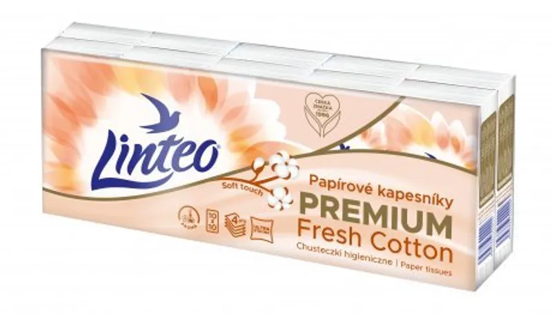 Termék főképe Linteo Premium hygienické kapesníky s vůní bavlny 4 vrstvé [10 x 10 = 100 ks]
