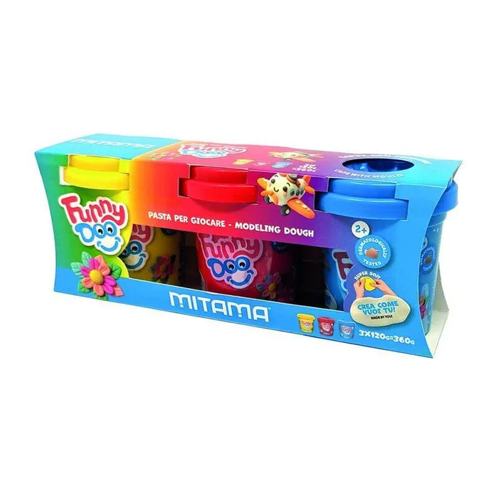 Termék főképe Modelína FUNNY DOO, sada 3 barvy, 3x120 g, červená, modrá, žlutá, MITAMA 63848