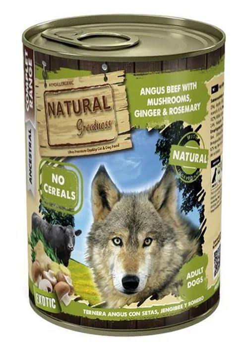 Termék főképe Natural Greatness anguské hovězí maso, houby, zázvor, rozmarýn konzerva pro psy 400 g