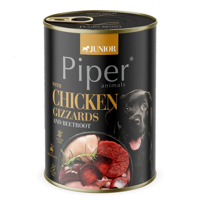 Termék főképe NEW PIPER JUNIOR s kuřecími žaludky a červenou řepou, konzerva pro štěňata, 400 g
