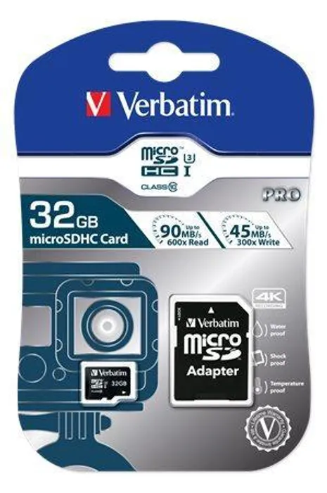 Termék főképe Paměťová karta, microSDHC, 32GB, Class 10 UHS I, s adaptérem, VERBATIM "PRO"