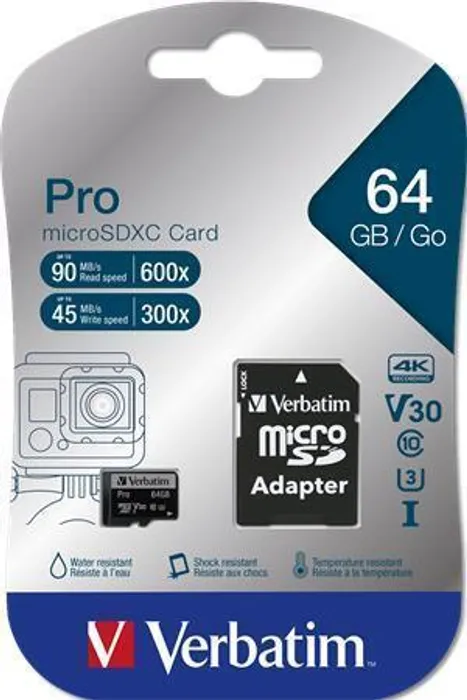 Termék főképe Paměťová karta, microSDXC, 64GB, Class 10 USH-I, s adaptérem, VERBATIM "PRO"