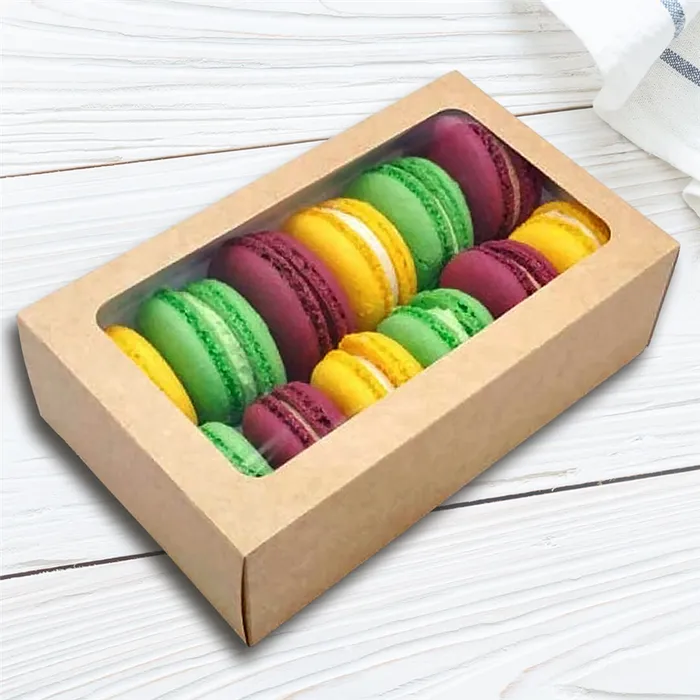 Termék főképe Papírová krabička EKO na makronky 180x55x55 mm hnědá s okénkem [50 ks]