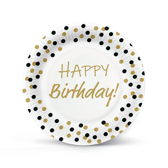 Termék főképe Papírový talíř (FSC Mix) Birthday Confetti - gold-black O23cm [8 ks]