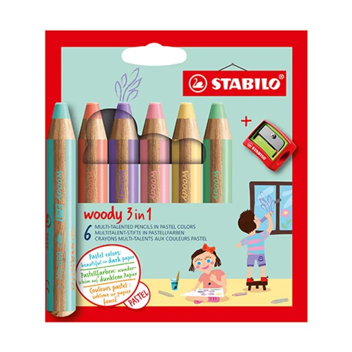 Termék főképe Pastelka, vodovka & voskovka v jednom STABILO woody 3 in 1 PASTEL - 6 ks s ořezávátkem