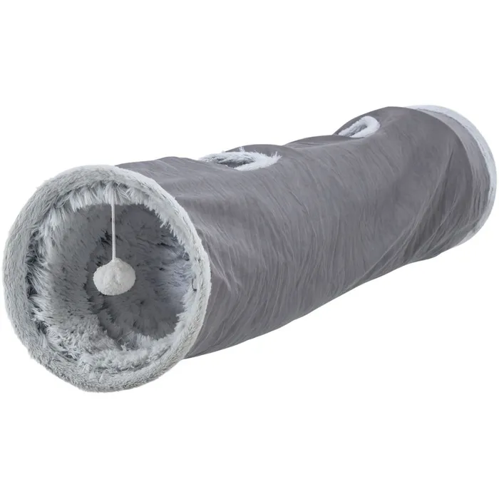 Termék főképe Plyšový tunel pro kočky HARVEY s hračkami, 4 vstupy, 27 x 116 cm, šedá