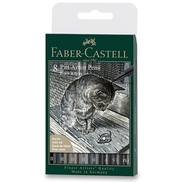 Termék főképe Popisovač Faber-Castell Pitt Artist Pen Black&Grey sada 8 ks, různé hroty, černý a šedý