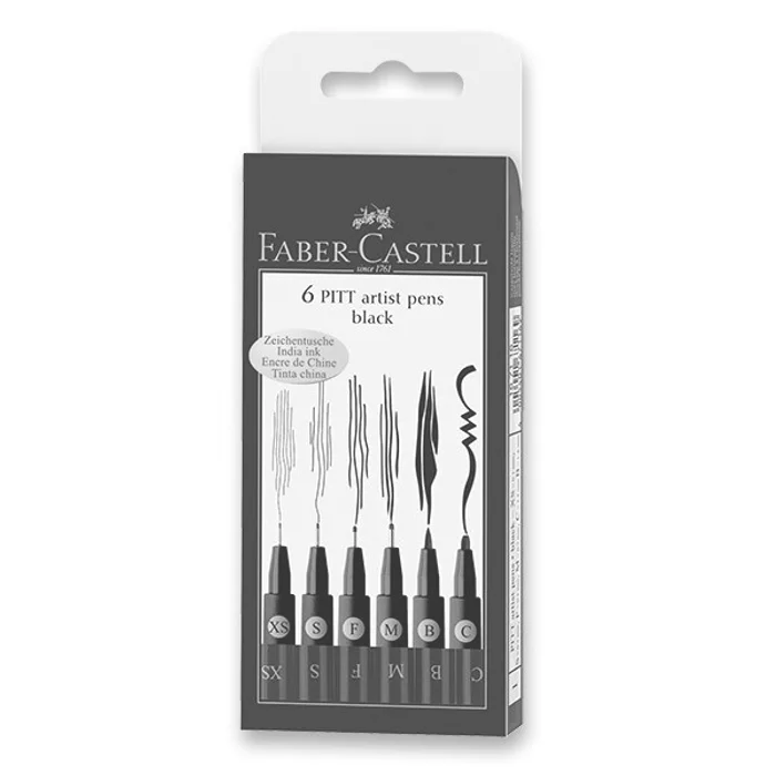 Termék főképe Popisovač Faber-Castell Pitt Artist Pen sada 6 ks, XS, S, F, M, B, C, černé