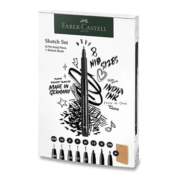 Termék főképe Popisovače a skicář Faber-Castell Pitt Artist Pen sada 8+1 ks, různé hroty, černý