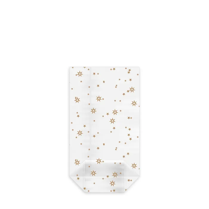 Termék főképe Sáček čirý celofán (OPP) s křížovým dnem Hvězdy zlaté 9,5 x 16 + 4 cm [100 ks]