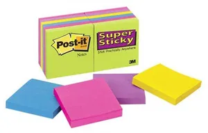 Öntapadó betét, 76x76 mm, 100 lap, 3M POSTIT "Super Sticky", vegyes színek