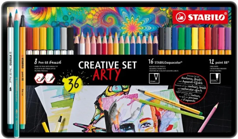 Termék főképe STABILOaquacolor/pen 68 brush/point 88, 36 ks Sada v plechu "ARTY"
