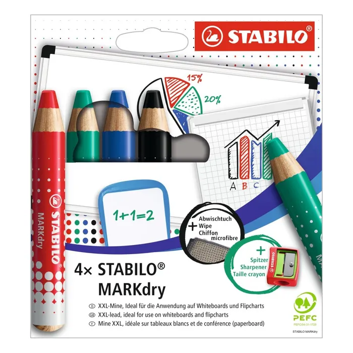 Termék főképe Suchý popisovač na tabuli a flipchart STABILO MARKdry - 4 ks sada s ořezávátkem a hadříkem