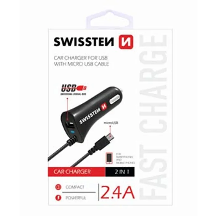 Termék főképe SWISSTEN, micro USB auto nabíječka, 1x konektor + USB port 12V, 5V, 2400mA, nabíjení mobi