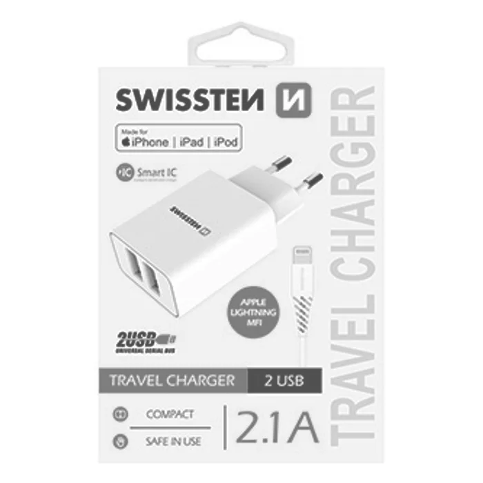 Termék főképe SWISSTEN, Síťový adaptér, s Lightning kabelem (MFi certifikace), 100-240V, 5V, 2100mA, na