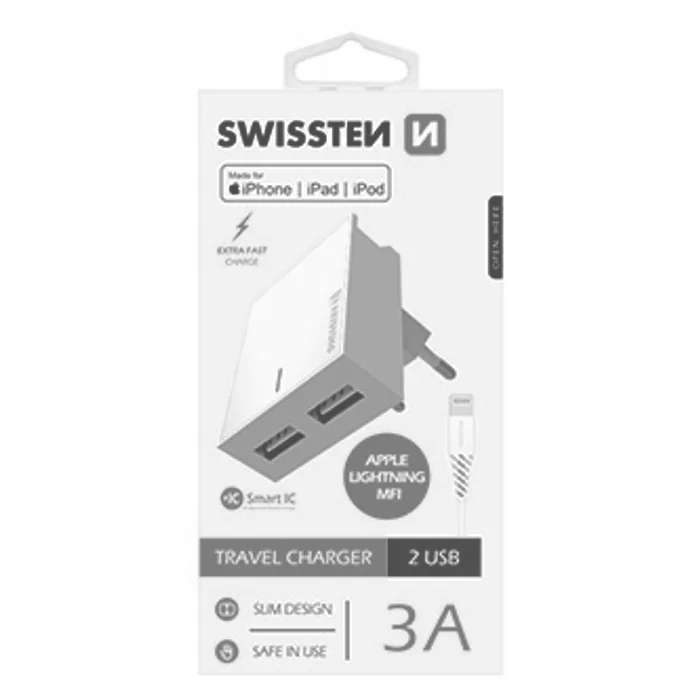 Termék főképe SWISSTEN, Síťový adaptér, s Lightning kabelem (MFi certifikace), 100-240V, 5V, 3000mA, na