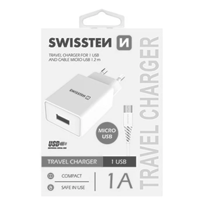 Termék főképe SWISSTEN, Síťový adaptér, s microUSB kabelem, 100-240V, 5V, 1000mA, nabíjení mobilních te