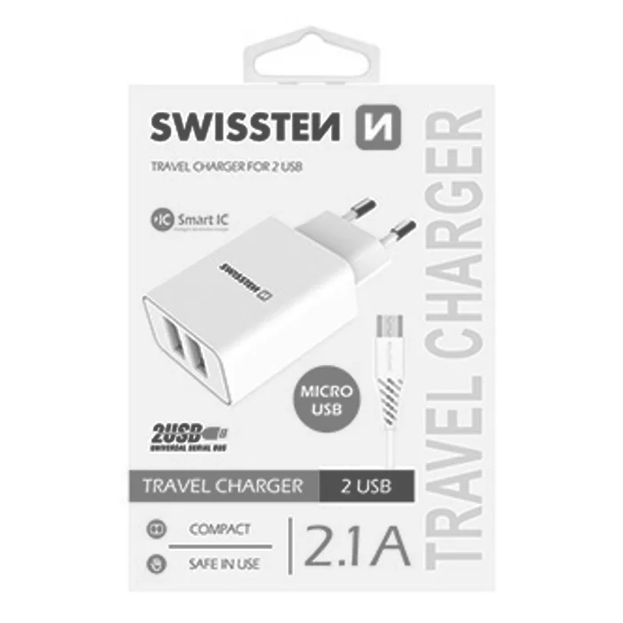 Termék főképe SWISSTEN, Síťový adaptér, s microUSB kabelem, 100-240V, 5V, 2100mA, nabíjení mobilních te