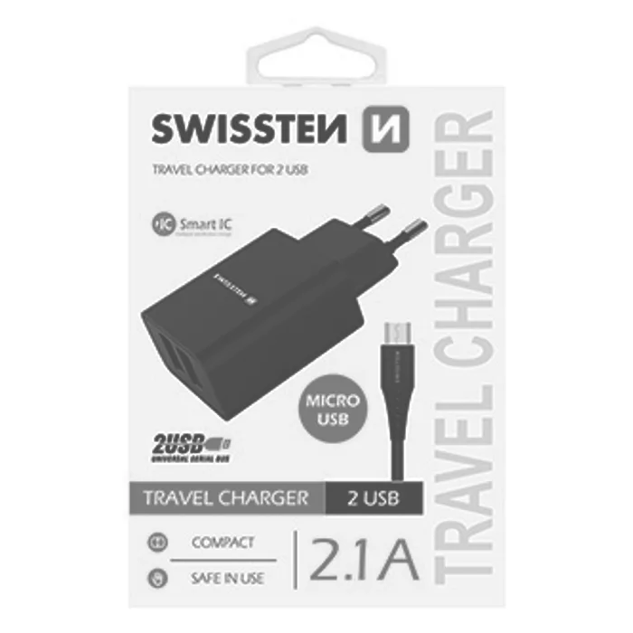 Termék főképe SWISSTEN, Síťový adaptér, s microUSB kabelem, 100-240V, 5V, 2100mA, nabíjení mobilních te