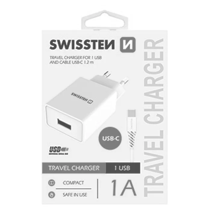 Termék főképe SWISSTEN, Síťový adaptér, s USB-C kabelem, 100-240V, 5V, 1000mA, nabíjení mobilních telef