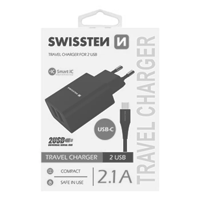 Termék főképe SWISSTEN, Síťový adaptér, s USB-C kabelem, 100-240V, 5V, 2100mA, nabíjení mobilních telef