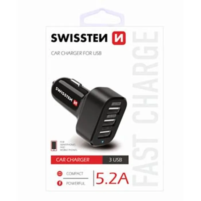 Termék főképe SWISSTEN, USB auto nabíječka, 3x USB port, 12V, 5V, 5200mA, nabíjení mobilních telefonů a