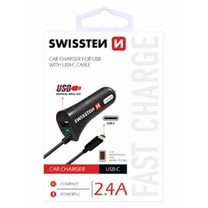 Termék főképe SWISSTEN, USB C- auto nabíječka, 1x konektor (USB C)+ USB port 12V, 5V, 2400mA, nabíjení