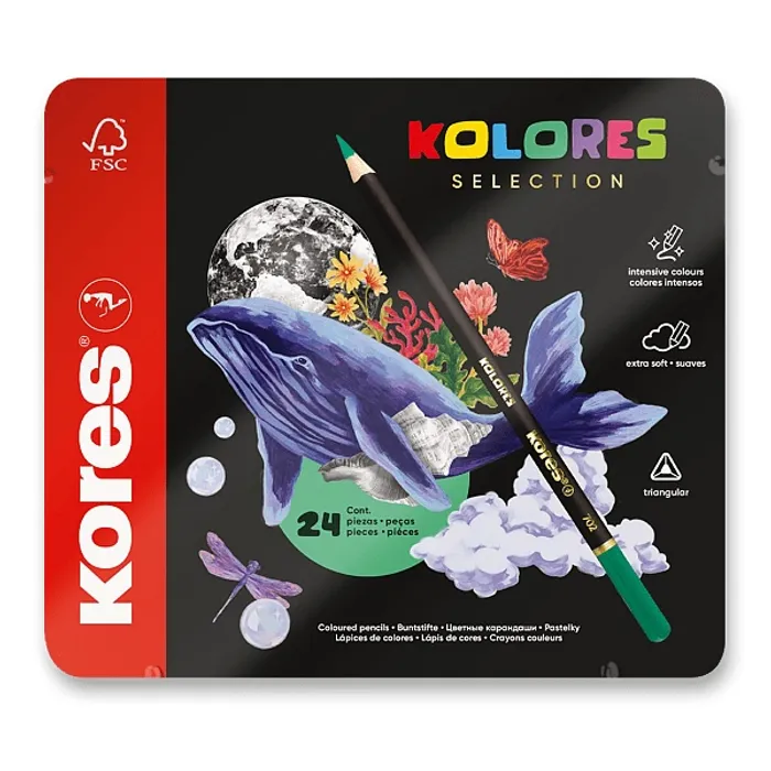 Termék főképe Trojhranné pastelky Kores Kolores Selection plechová krabička, 24 barev