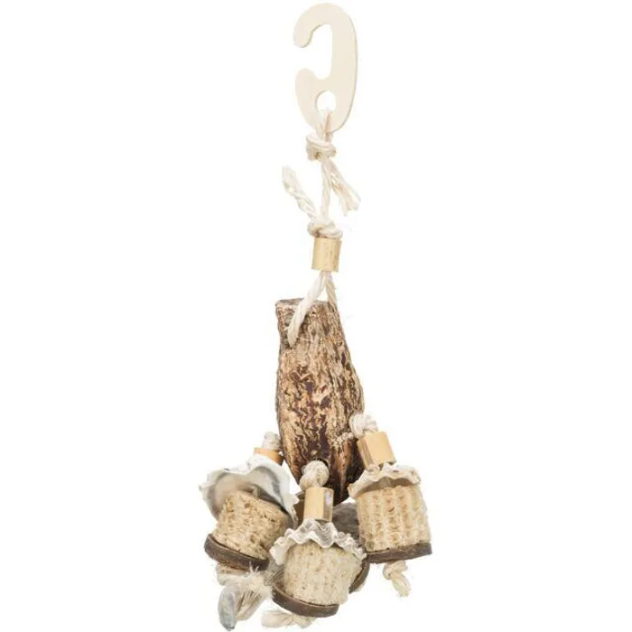 Termék főképe Závěsná přírodní hračka pro papoušky, mahagon/mušle, 26 cm