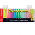 STABILO BOSS ORIGINAL szövegkiemelő készlet 15 db (9 neon + 6 pasztell) asztali tartó