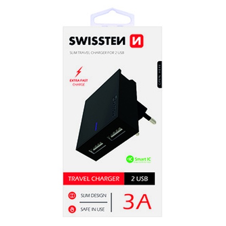 Papírenské zboží - SWISSTEN, Síťový adaptér, 100-240V, 5V, 3000mA, nabíjení mobilních telefonů aj., černý