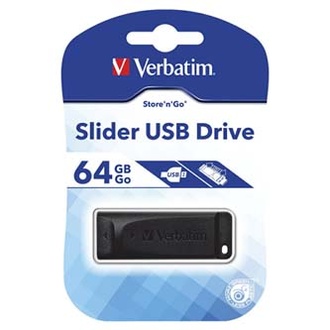 Papírenské zboží - Verbatim USB flash disk, USB 2.0, 64GB, Slider, černý, 98698, USB A, s výsuvným konektore