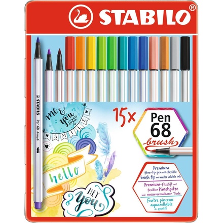 Papírenské zboží - Vláknový fix s flexibilním štětcovým hrotem STABILO Pen 68 brush - 15 ks sada v plechu