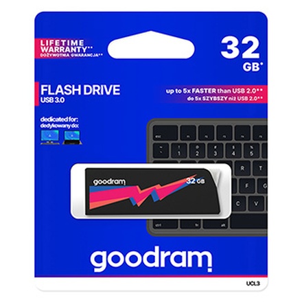 Papírenské zboží - Goodram USB flash disk, USB 3.0 (3.2 Gen 1), 32GB, UCL3, černý, UCL3-0320K0R11, USB A, s