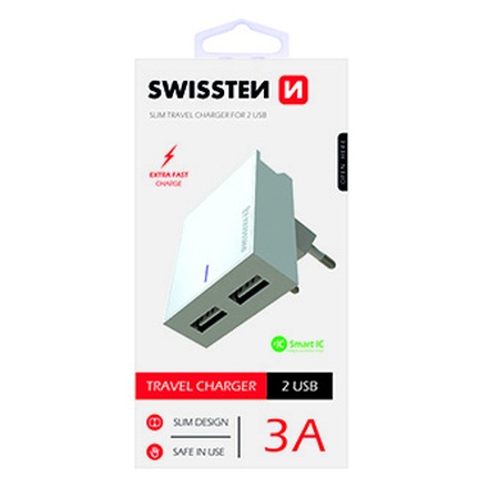 Papírenské zboží - SWISSTEN, Síťový adaptér, 100-240V, 5V, 3000mA, nabíjení mobilních telefonů aj., bílý