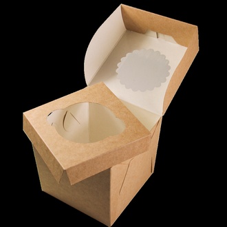 Papírenské zboží - Papírová krabička EKO na muffiny 100x100x100 mm hnědá s okénkem [25 ks]