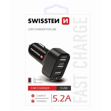 Papírenské zboží - SWISSTEN, USB auto nabíječka, 3x USB port, 12V, 5V, 5200mA, nabíjení mobilních telefonů a