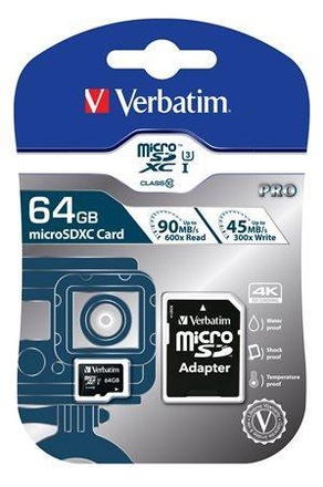 Papírenské zboží - Paměťová karta, microSDXC, 64GB, Class 10 USH-I, s adaptérem, VERBATIM "PRO"