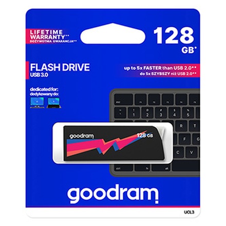 Papírenské zboží - Goodram USB flash disk, USB 3.0 (3.2 Gen 1), 128GB, UCL3, černý, UCL3-1280K0R11, USB A, s