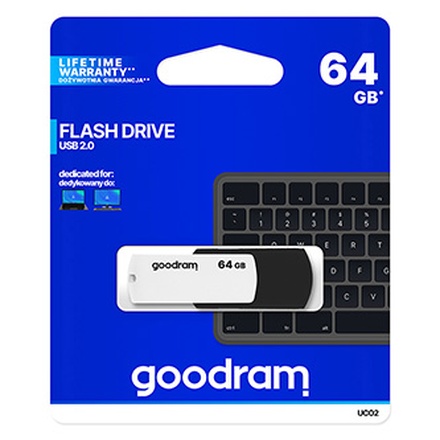 Papírenské zboží - Goodram USB flash disk, USB 2.0, 64GB, UC02, černý, UCO2-0640KWR11, USB A, s otočnou kryt