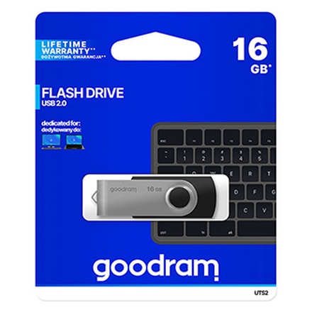 Papírenské zboží - Goodram USB flash disk, USB 2.0, 16GB, UTS2, černý, UTS2-0160K0R11, USB A, s otočnou kryt